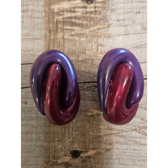 VINTAGE Statement Earrings Purple & Red Interlocking Loop Design Fashion Jewelry - Picture 15 of 16